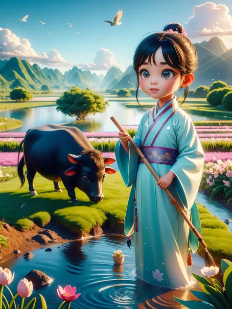 (((Spring Morning)))，A cute little Chinese boy，Dressed in light-colored Hanfu，Planting vegetables with a hoe，A black cow eats grass，From Bubble Mart。she is in the fields，distant river、grassland，There are mountains in the distance，birds circling in the sky，...