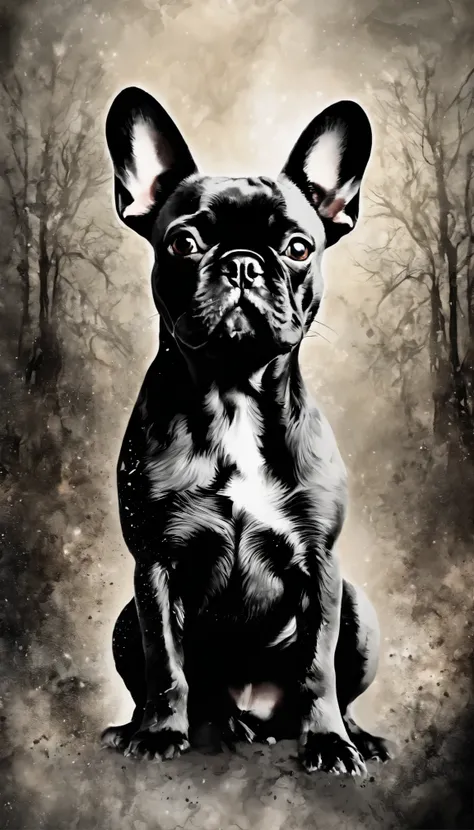 (((In dark fantasy ink splatter art:1.3))), Shabby French Bulldog, Mesmerizingly beautiful scenery appears, Chaotic black strokes ink splatter, Intricate details blend into the world of the ethereal forest, Otherworldly creatures, insanely beautifu, Gongbi...