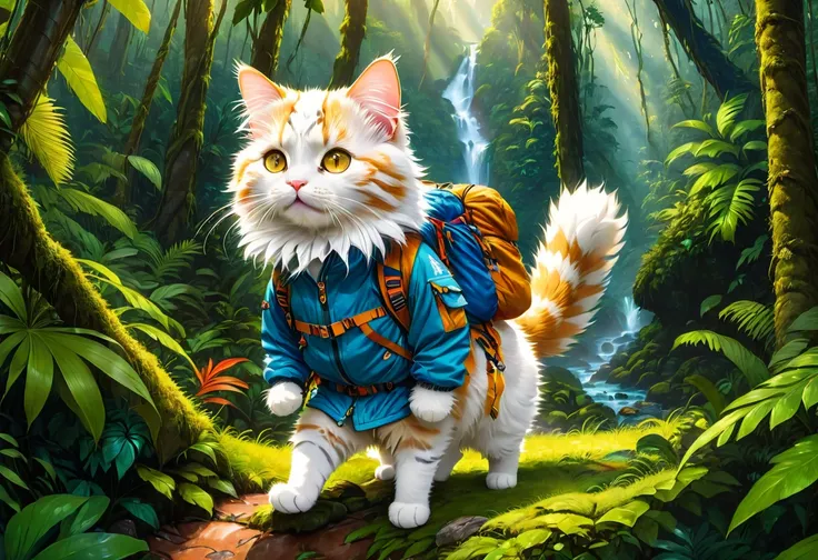 （full bodyesbian，Long-range shooting），hairy, White fur, Male, (Scale insects, A cute cat in adventure mountaineering gear, Im looking at a map with a map in my hand，Hike through the forest: 1.5), individual, Cute paws, Detailed fur, Golden eyes, Fluffy tai...