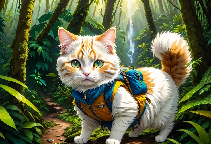 （full bodyesbian，Long-range shooting），hairy, White fur, Male, (Scale insects, A cute cat in adventure mountaineering gear, Im looking at a map with a map in my hand，Hike through the forest: 1.5), individual, Cute paws, Detailed fur, Golden eyes, Fluffy tai...