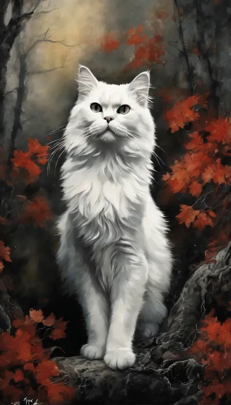 (((In dark fantasy ink splatter art:1.3))), beautiful persian cat, Mesmerizingly beautiful scenery appears, Chaotic black strokes ink splatter, Intricate details blend into the world of the ethereal forest, Otherworldly creatures, insanely beautifu, Gongbi...