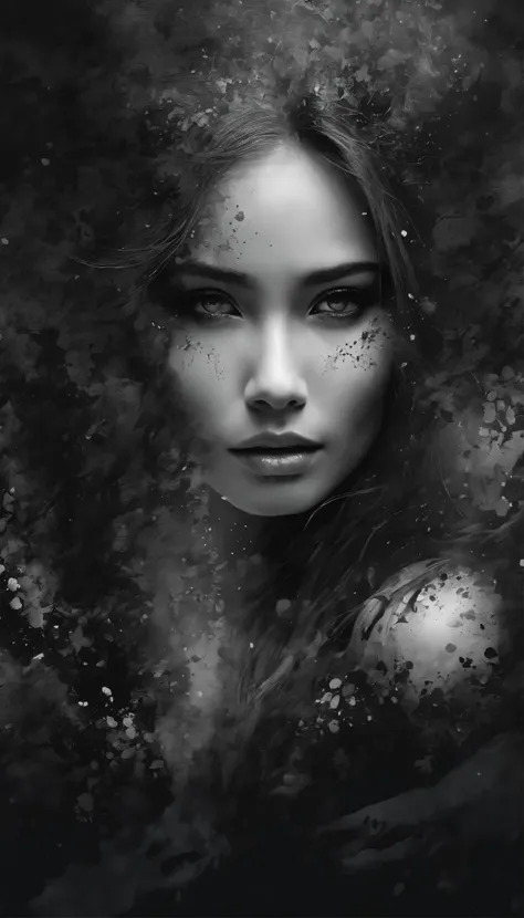 (((In dark fantasy ink splatter art:1.3))), Beautiful girlfriend portrait, Mesmerizingly beautiful scenery appears, Chaotic black strokes ink splatter, Intricate details blend into the world of the ethereal forest, Otherworldly creatures, insanely beautifu...