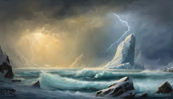 Visualize a dramatic thunderstorm scene set at night in the icy waters of the polar regions, with massive icebergs floating in the sea. Lightning bolts illuminate the scene, casting an ethereal glow on the icebergs, making them appear as glowing giants ami...