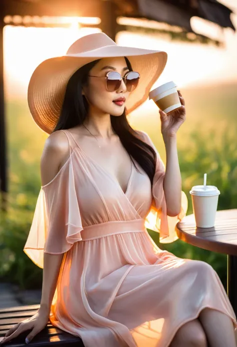 A lanky Asian woman in a (peach translucent summer dress, pick wide brimmed hat, sunglasses), is drinking her coffee while watching sunrise, spring morning