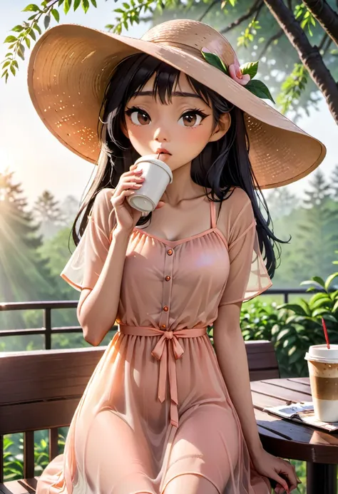 A lanky Asian woman in a (peach translucent summer dress, pick wide brimmed hat, sunglasses), is drinking her coffee while watching sunrise, spring morning