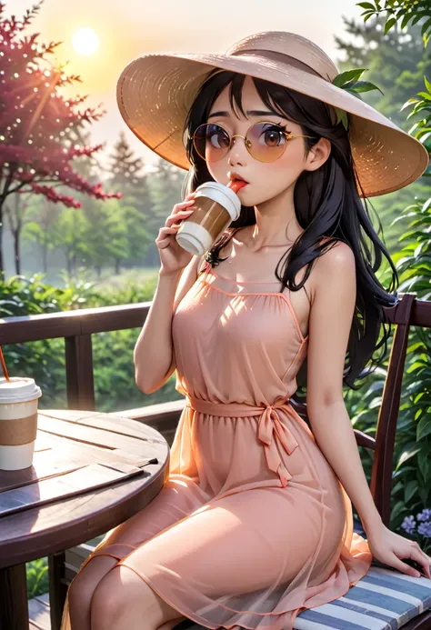 A lanky Asian woman in a (peach translucent summer dress, pick wide brimmed hat, sunglasses), is drinking her coffee while watching sunrise, spring morning