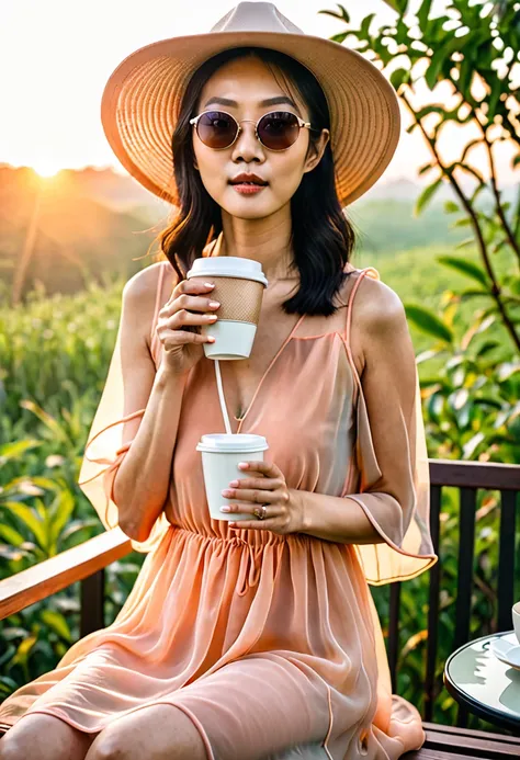 A lanky Asian woman in a (peach translucent summer dress, pick wide brimmed hat, sunglasses), is drinking her coffee while watching sunrise, spring morning