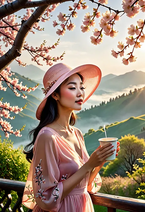 (best quality,4k,8k,highres,masterpiece:1.2),ultra-detailed,(realistic,photorealistic,photo-realistic:1.37),A lanky Asian woman in a (peach translucent summer dress, wide brimmed hat, sunglasses),is drinking her coffee while watching sunrise, spring mornin...