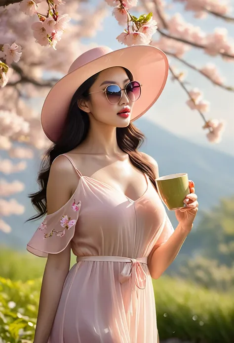 (best quality,4k,8k,highres,masterpiece:1.2),ultra-detailed,(realistic,photorealistic,photo-realistic:1.37),A lanky Asian woman in a (peach translucent summer dress, wide brimmed hat, sunglasses),is drinking her coffee while watching sunrise, spring mornin...