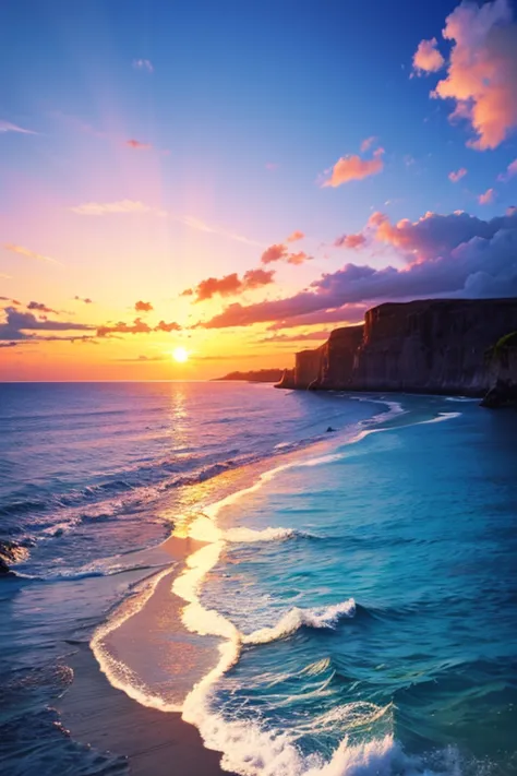 colorful ocean, big rainbow clouds, private beach, sunset, spectacular scenery, reincarnation, polar regions, phoenix, big full ...