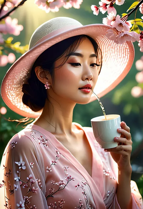 (best quality,4k,8k,highres,masterpiece:1.2),ultra-detailed,(realistic,photorealistic,photo-realistic:1.37),A lanky Asian woman in a (peach translucent summer dress, wide brimmed hat, sunglasses),is drinking her coffee while watching sunrise, spring mornin...