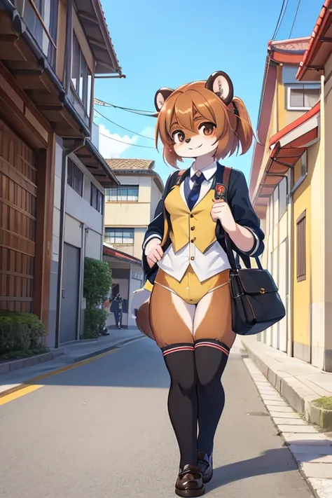 garota tanuki, 14 anos de idade, furry, usando uniforme escolar (estilo de escolas japonesas), corpo bem definido, na rua indo para a escola, imagem de melhor qualidade, super detalhada, estilo anime
