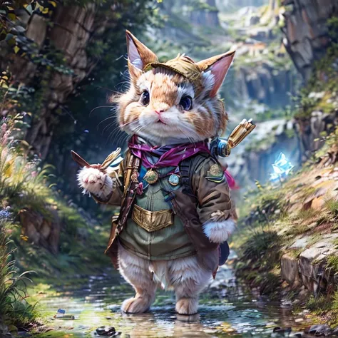 ((tmasterpiece))，((best qualtiy))，((The is very detailed：1.3))，(When a cute Cute cat wearing an adventure mountain climbing outfit steps into a dark cave, A faint ray of sunlight shines through the slit in the suit, Wear a special explorer suit. This suit ...