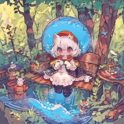 #Quality(8k,best quality,masterpiece),#1 girl(Chibi,cute,kawaii, white hair,short hair,cat ear ,white dress ,red big eyes,smile ,skin color white,sitting down),#background(many mushrooms,forest,dappled sunlight),[river]