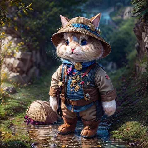 ((tmasterpiece))，((best qualtiy))，((The is very detailed：1.3))，(When a cute little Cute Cat wearing an adventure mountain climbing outfit steps into a dark cave, A faint ray of sunlight shines through the slit in the suit, Wear a special explorer suit. Thi...