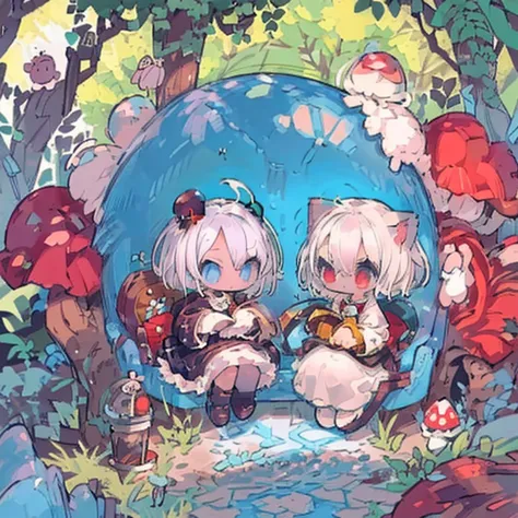 #Quality(8k,best quality,masterpiece,cinematic),#1 girl(Chibi,cute,kawaii, white hair,short hair,cat ear ,white dress ,red big eyes,smile ,skin color white,sitting down),#background(big mushroom,big fungi,mushroom have a door and window,mushroom house,fore...