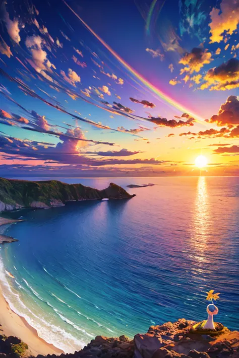 colorful ocean, big rainbow clouds, private beach, sunset, spectacular scenery, reincarnation, polar regions, phoenix, big full ...