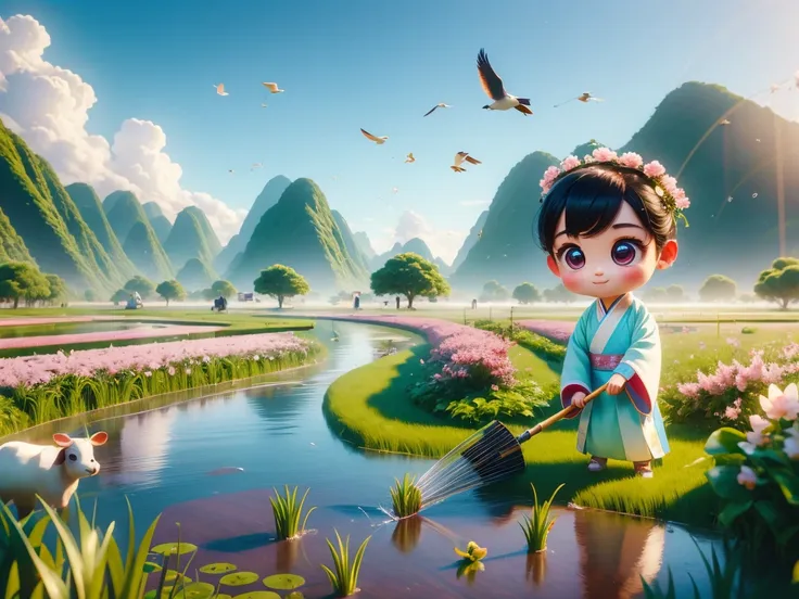 (((spring morning)))，a cute little chinese boy，dressed in light-colored hanfu，planting vegetables with a hoe，a black cow eats gr...