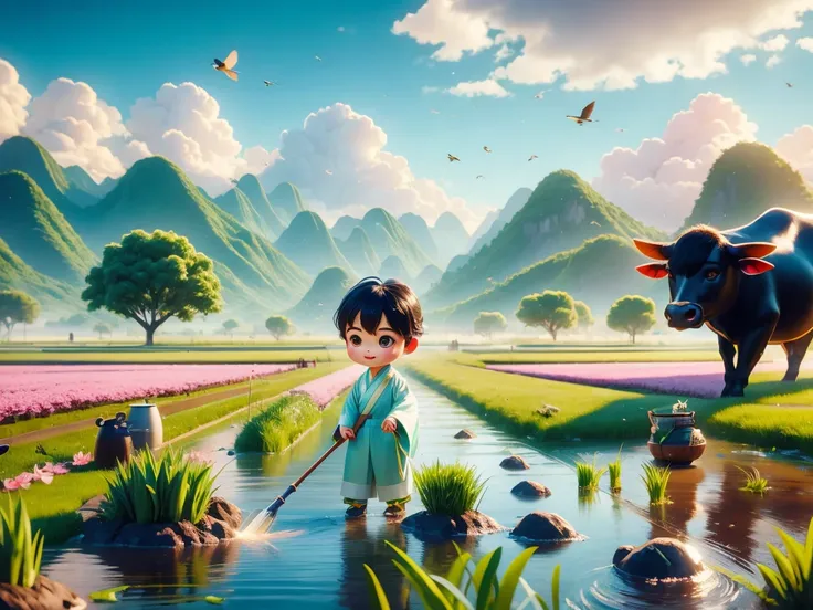 (((spring morning)))，a cute little chinese boy，dressed in light-colored hanfu，planting vegetables with a hoe，a black cow eats gr...