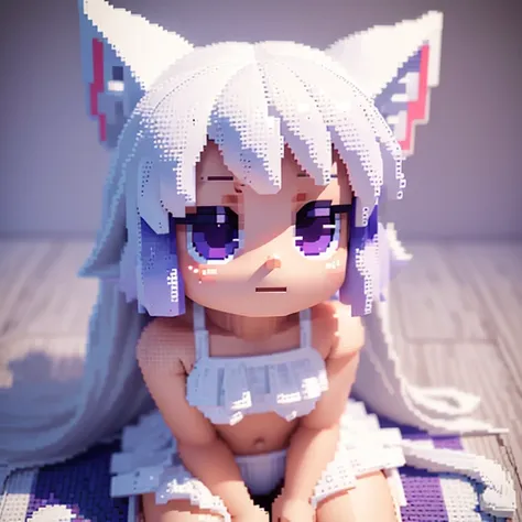 Voxels,（3D Big Pixel Art）, （3D Pixel Art）,(Chibi),(Large pixels),cute,kawaii,solo,1 girl,(3D Pixel Art),white hair,fox ear,white bikini swim wear,straw hat,purple eyes,big eyes,skin color white,pale skin,sitting down,(3D Pixel Art)（3D Pixel Art）