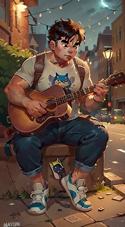 charming cute cat wearing Hulk(Marvel) playing hollow guitar and sitting on the street platform, beautiful night light, skin detailed, fingers detailed, masterpiece, best quality, full body, white sneaker, Detailed eyes