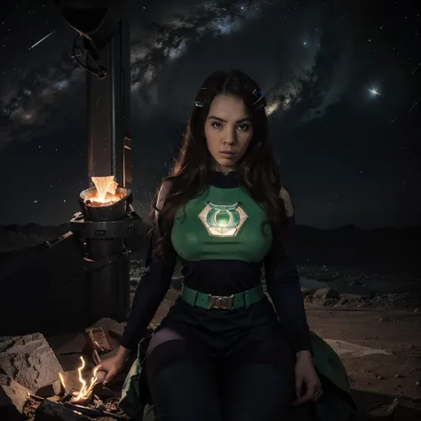 Green Lantern sitting on a research platform floating in the middle of the asteroid belt. she studies with a notebook, surrounded by several asteroids glowing with a fiery aura. Dramatic lighting from distant stars and planets illuminates the scene, castin...