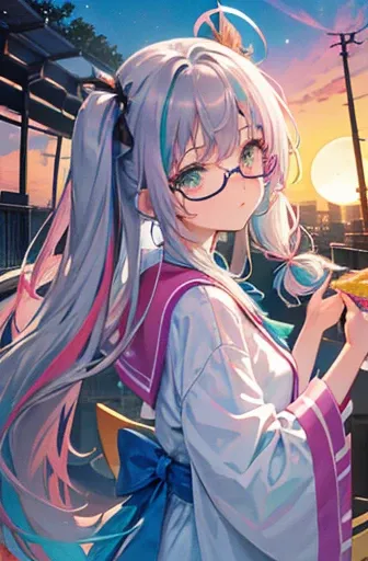 (rainbow colored hair, colorful hair, half silver、half pink hair: 1.2), ,long hair、(Cinematic digital artwork: 1.3), high quality, table top, Turquoise eyes、最high qualityの, Super detailed, figure, [4K digital art]!!、 Kyoto animation style, one woman, clavi...