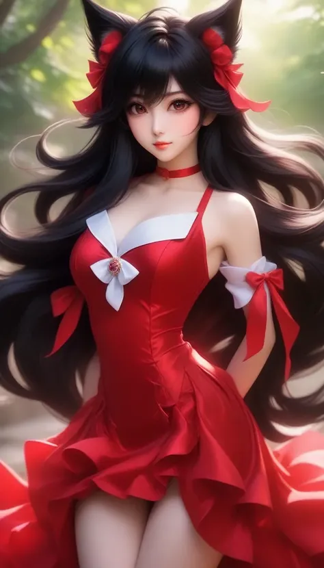 anime girl with black hair and red dress posing for a picture, anime girl cosplay, beautiful anime catgirl, anime cosplay, stunning anime face portrait, ahri from league of legends, anime waifu, beautiful anime girl, portrait of ahri, anime inspired, anime...