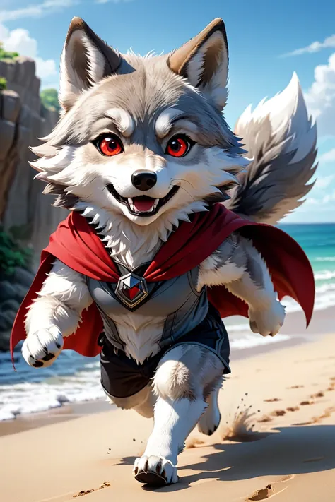 furry wolf, ((gray wolf)), (chibi), 
bad Wolf, with red eyes,  beach,
pants or shorts, furry body
full-length frontal view, flight phase during running, legs above the ground, wind blowing the cloak, fast running,
Hyperrealistic art high-quality portrait f...