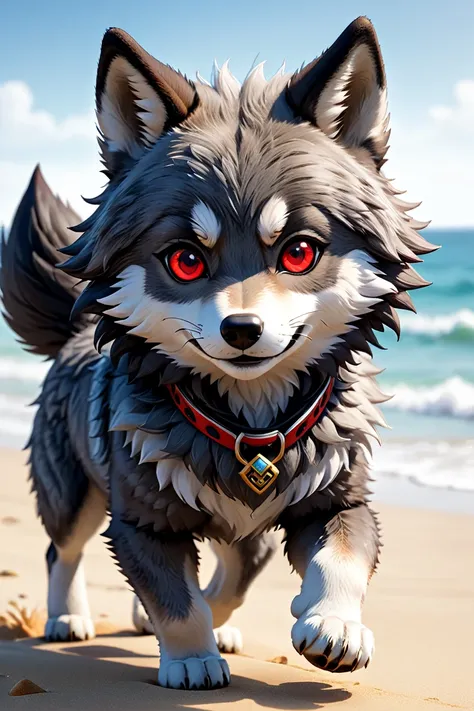 furry wolf, ((gray wolf)), (chibi), bad Wolf, with red eyes, beach, pants or shorts, furry body full-length frontal view, flight phase during running, legs above the ground, fast running, Hyperrealistic art high-quality portrait flat matte drawing of a cut...