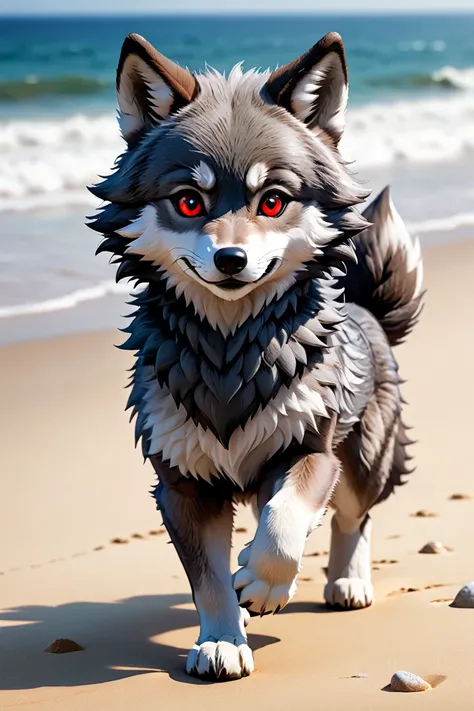 (((furry wolf))), ((gray wolf)), (chibi), bad Wolf, with red eyes, beach, pants or shorts, furry body full-length frontal view, flight phase during running, legs above the ground, fast running, Hyperrealistic art high-quality portrait flat matte drawing of...