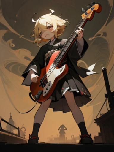 (masterpiece), (High resolution), (super delicate),  (masterpiece: 1.2, highest quality), ((Girl Playing Bass)),  scribble, nightmare, doll-like face, cartoon style, rough sketch,  Comic style illustration, (Horror elements), Japanese painting, full body,(...