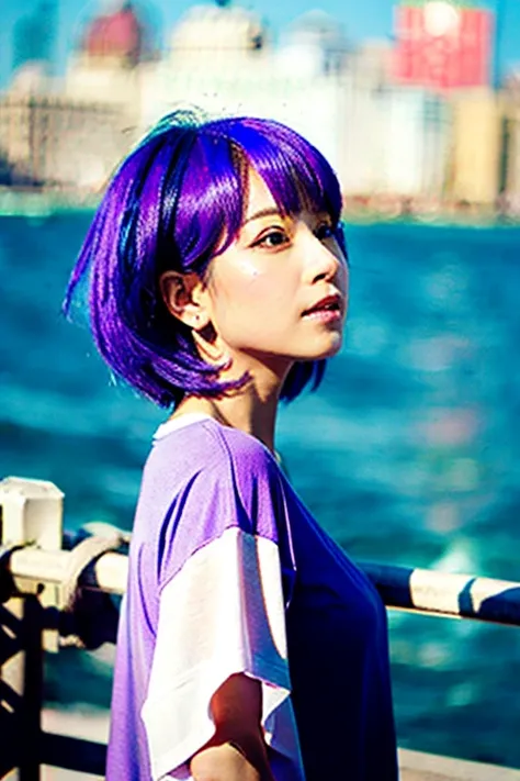 bob cut, purple hair, aqua eyes, t-shirt, standing, Fair skin, outdoors, ocean, from side, {{{Chinese ink painting}}},  --niji 5 --style expressive  --ar 2:3
