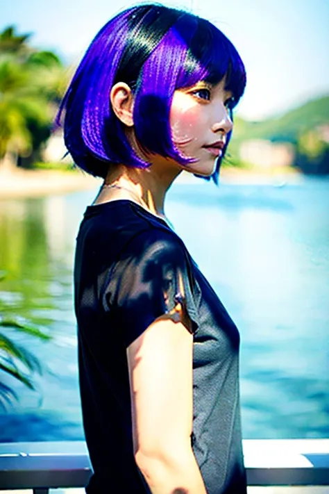 bob cut, purple hair, aqua eyes, t-shirt, standing, Fair skin, outdoors, ocean, from side, {{{Chinese ink painting}}},  --niji 5 --style expressive  --ar 2:3
