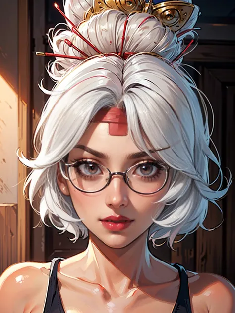 ((Masterpiece,Best Quality, Purah, White Hair, brown Eyes, Red Headband, Hair Ornament, Hair Sticks, Red Glasses, shy, Smug)), ((pink lipstick, Extremely detailed, ambient soft lighting, 4k, perfect eyes, a perfect face, perfect lighting, a 1girl)), 