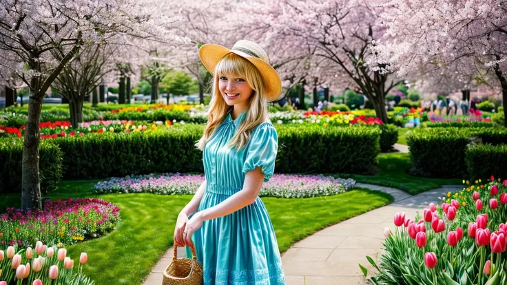 A beautiful girl with flowing blonde hair, dressed in a vibrant floral dress and a wide-brimmed hat, standing in a blooming garden. The garden is full of colorful flowers, such as tulips, daisies and cherry blossoms. The girl has bright blue eyes and a war...