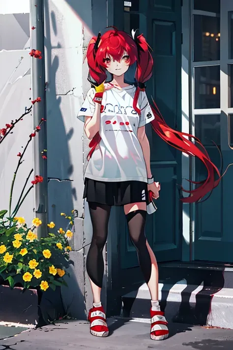 twintails, red hair, yellow eyes, t-shirt, standing, Straight Face, Fair skin, outdoors, cafe, looking at viewer, 1990s (style), --niji 5  --ar 2:3