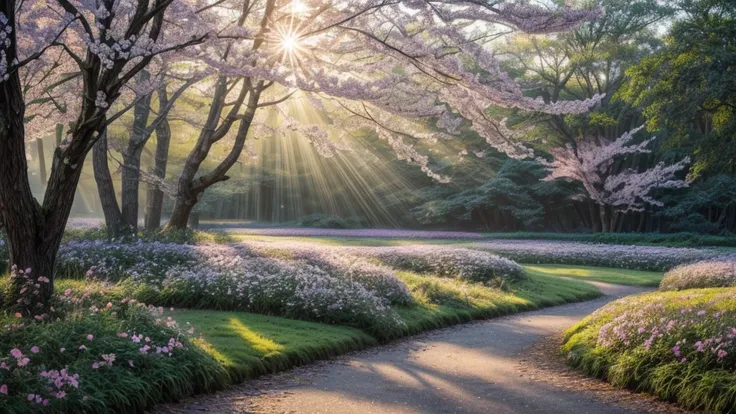 (best quality,4k,8k,highres,masterpiece:1.2),ultra-detailed,(realistic,photorealistic,photo-realistic:1.37),professional photography,landscape,spring morning,sunrise,misty atmosphere,vibrant colors,lush greenery,beautiful flowers,glistening dew drops,soft ...