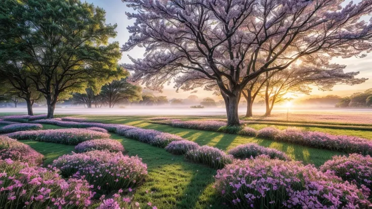 (best quality,4k,8k,highres,masterpiece:1.2),ultra-detailed,(realistic,photorealistic,photo-realistic:1.37),professional photography,landscape,spring morning,sunrise,misty atmosphere,vibrant colors,lush greenery,beautiful flowers,glistening dew drops,soft ...