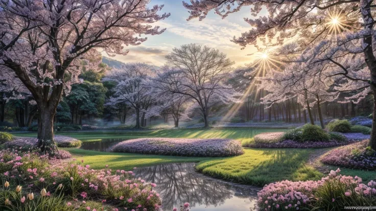 (best quality,4k,8k,highres,masterpiece:1.2),ultra-detailed,(realistic,photorealistic,photo-realistic:1.37),professional photography,landscape,spring morning,sunrise,misty atmosphere,vibrant colors,lush greenery,beautiful flowers,glistening dew drops,soft ...