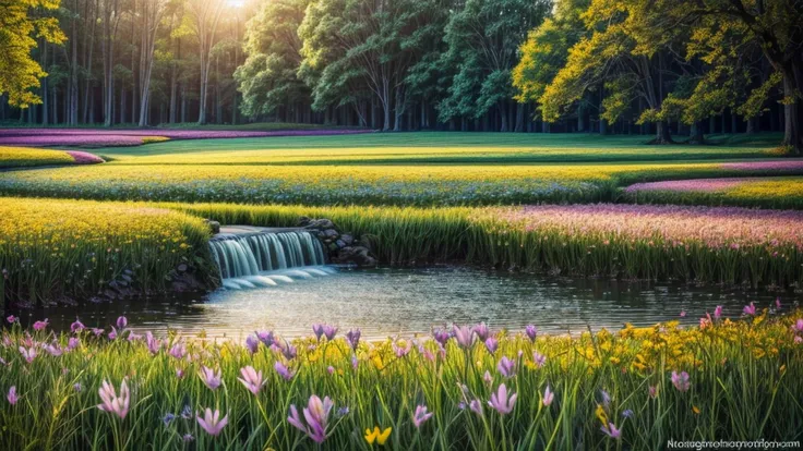 (highres,professional,photorealistic) field of flowers on a spring morning, colorful blooms, vibrant petals, gentle sunlight, soft breeze, dew drops glistening, fresh green grass, peaceful setting, breathtaking landscape, endless rows of flowers, bees buzz...