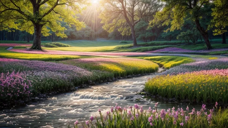 (highres,professional,photorealistic) field of flowers on a spring morning, colorful blooms, vibrant petals, gentle sunlight, soft breeze, dew drops glistening, fresh green grass, peaceful setting, breathtaking landscape, endless rows of flowers, bees buzz...