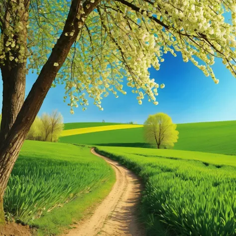 A spring morning on various places. Masterpiece, realistic photo. Colorfull background.  Sharp details