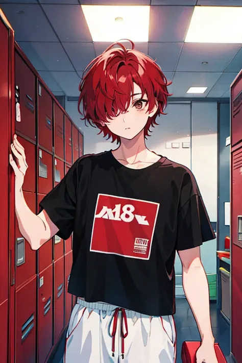 hair over one eye, red hair, brown eyes, t-shirt, standing, Fair skin, indoors, locker room, looking at viewer, 1990s (style), --niji 5  --ar 2:3
