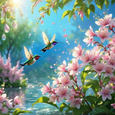 Spring Morning, aesthetic, (best quality,4k,8k,highres,masterpiece:1.2),ultra-detailed,(realistic,photorealistic,photo-realistic:1.37),blooming flowers,blossoming cherry trees,sunlight streaming through the branches,morning dew on the grass,pink and white ...