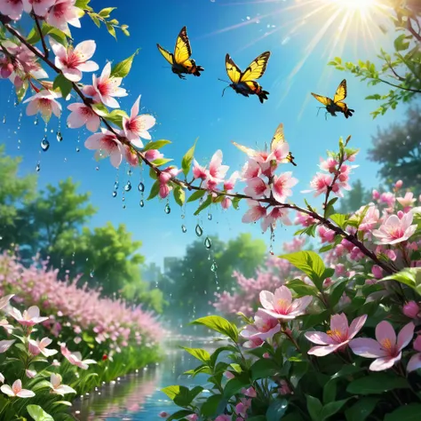 Spring Morning, aesthetic, (best quality,4k,8k,highres,masterpiece:1.2),ultra-detailed,(realistic,photorealistic,photo-realistic:1.37),blooming flowers,blossoming cherry trees,sunlight streaming through the branches,morning dew on the grass,pink and white ...