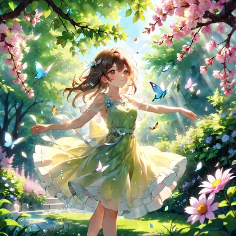 Spring Morning, aesthetic, (best quality,4k,8k,highres,masterpiece:1.2),ultra-detailed,(realistic,photorealistic,photo-realistic:1.37),blooming flowers,blossoming cherry trees,sunlight streaming through the branches,morning dew on the grass,pink and white ...