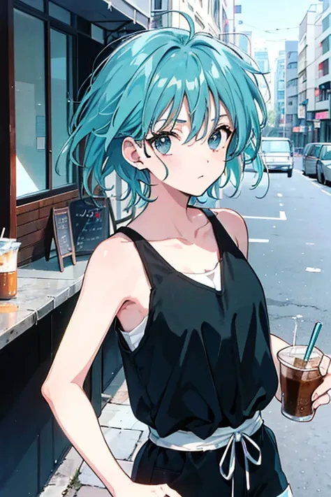 messy hair, aqua hair, black eyes, sleeveless shirt, running, Panic, Fair skin, outdoors, cafe, looking at viewer, 1990s (style), --niji 5  --ar 2:3 --s 100
