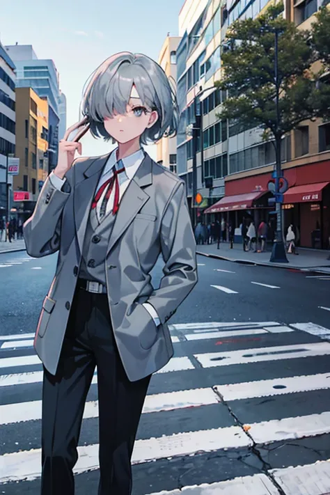 hair over one eye, grey hair, black eyes, blazer, standing, Fair skin, outdoors, crosswalk, looking at viewer, 1990s (style), --niji 5  --ar 2:3 --s 100