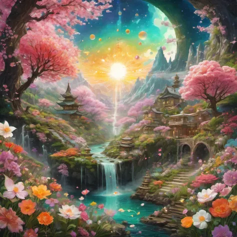 Spring Morning, aesthetic, "a whimsical spring morning world adventure into the center of a magical spring flower galaxy made of stars on a starry sky, skyrim! spring flower blooming" double exposure collage art illustration, sparkly glowing waterfalls, fl...